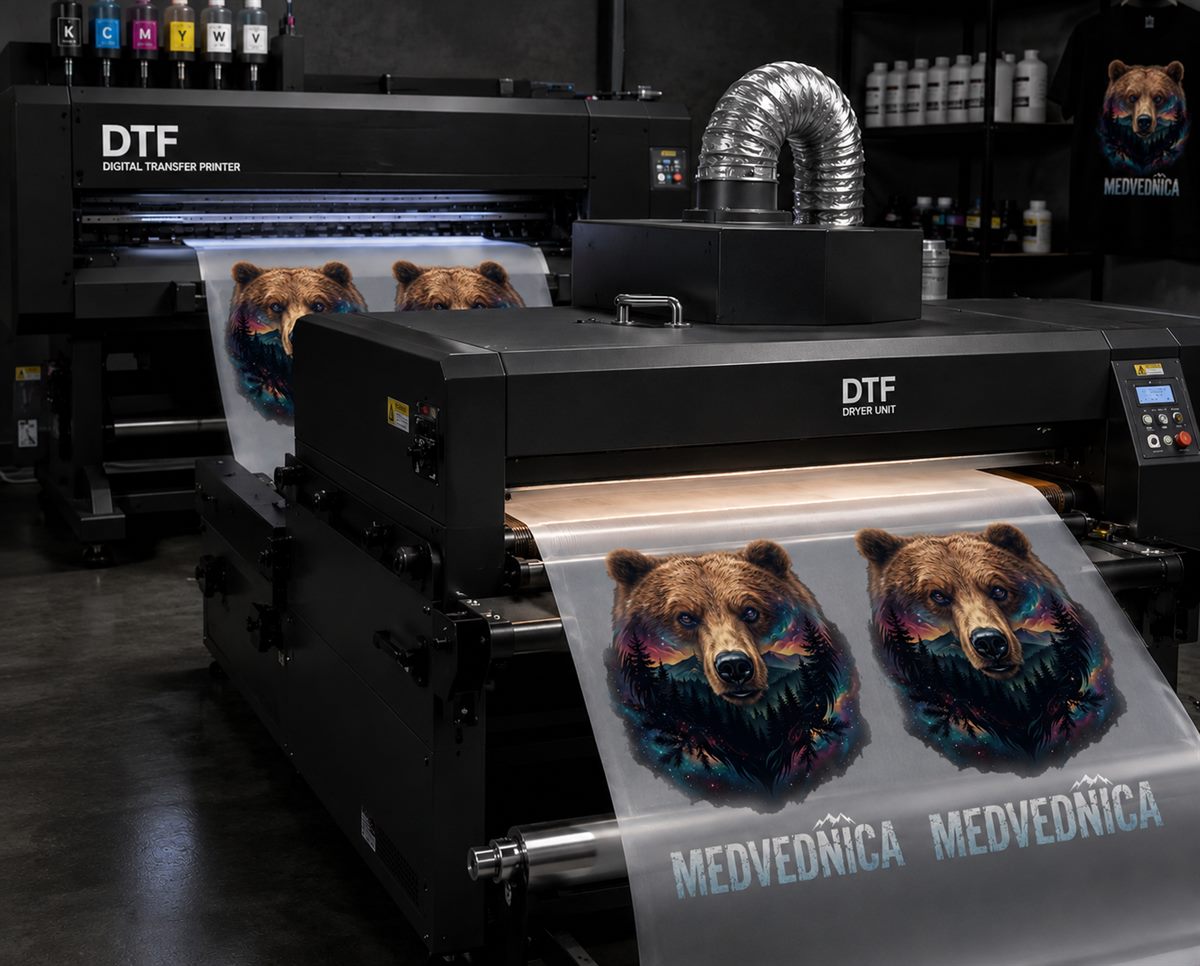 DTF printer u radu, šareni motiv izlazi ispisan na transfer foliji
