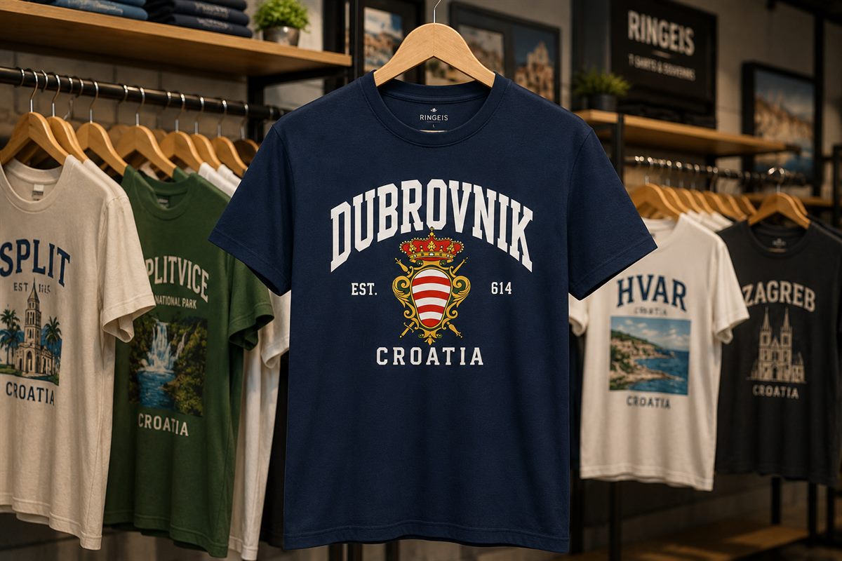 Složene gotove majice s otisnutim logotipom u više boja, pogled odozgo