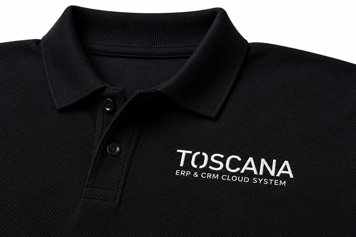 Krupni plan izvezenog logotipa na tamnoplavoj polo majici, vidljiva tekstura konca